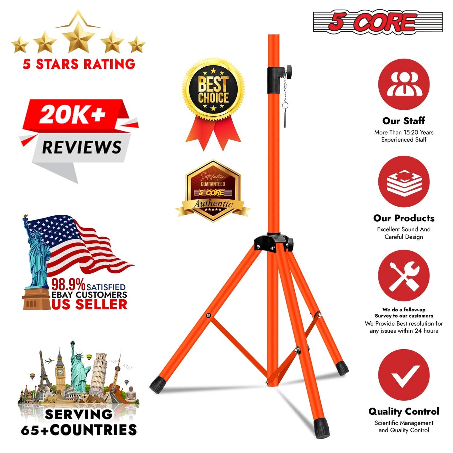 5Core Speaker Stand Tripod 2Pcs Tall Adjustable 72 Inch DJ Studio Monitor Stands Pole Mount
