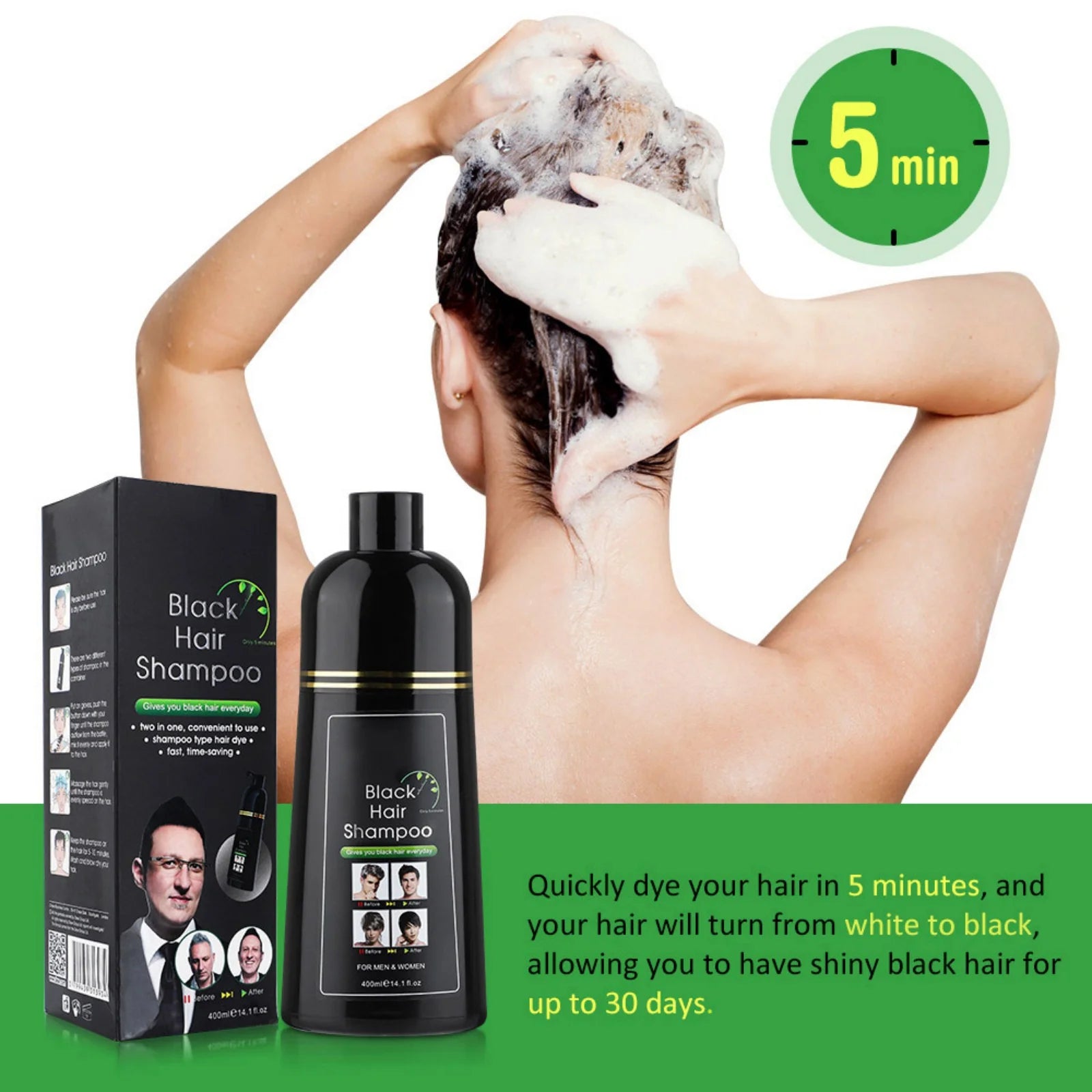 400Ml Black Hair Shampoo, Simple to Use Lasts 30 Days-Fast Acting Natural Ingredients for Women Men